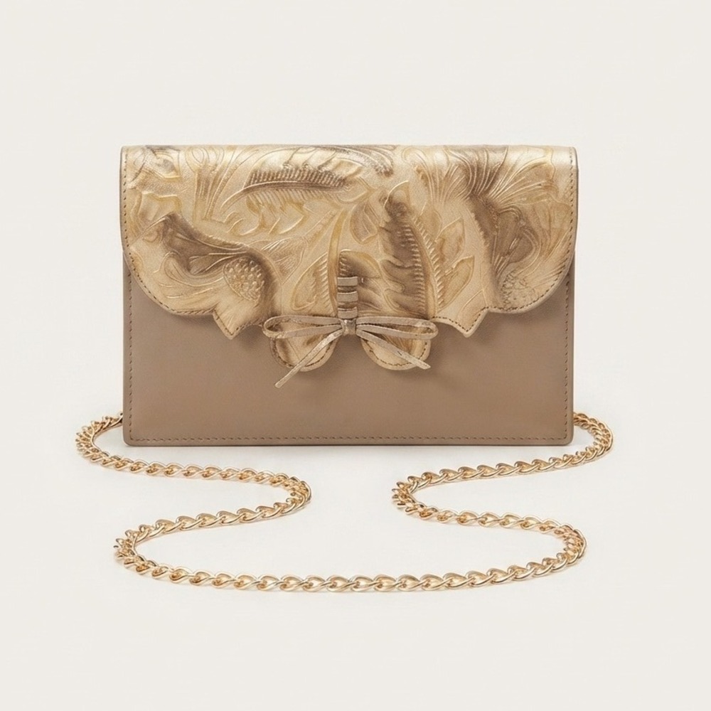 Monzo‎ & Franco Champagne Gold Leather Embossed Floral Clutch Evening Bag Bow